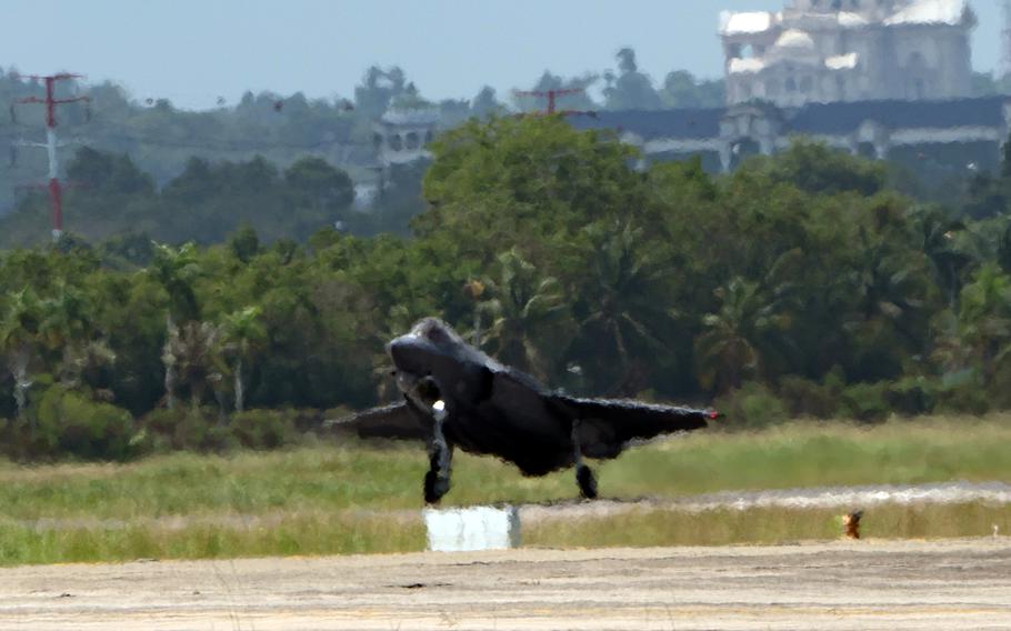 An Air Force F-35 Lightning II out of Eielson Air Force Base, Alaska, lands at a base in Rimba, Brunei, on Friday, March 1, 2024.