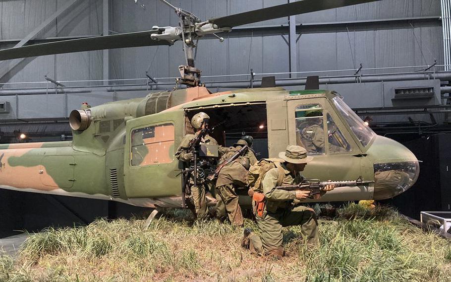 A Bell UH-1P Iroquois, configured and painted to appear as the helicopter flown by Capt. Jim Fleming on Nov. 26, 1968. On this day, he braved intense enemy fire to rescue a small reconnaissance team. For his bravery, Fleming was awarded the Medal of Honor.