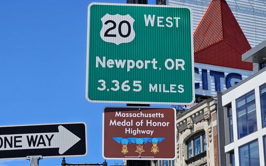 A new sign in Boston’s Kenmore Square designations U.S. Highway 20 as part of the National Medal of Honor Highway Project.