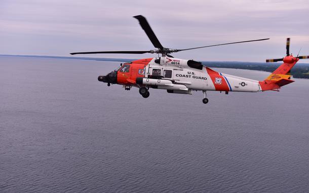 A Coast Guard Air Station Traverse City MH-60 helicopter practices formation flying over Grand Traverse Bay, June 28, 2024.
Air Station Traverse City flew with Air Station Detroit as part of the National Cherry Festival Airshow.