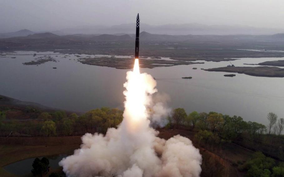 North Korea launches a Hwasong-18 intercontinental ballistic missile on April 13, 2023, according to the state-run Korean Central News Agency.