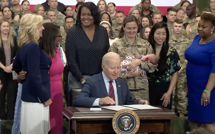 President Biden took steps Friday, June 9, 2023, to eliminate employment barriers for military-connected spouses, signing an executive order that will impact 16,000 spouses working for the federal government and others including caregivers. Biden and First Lady Jill Biden made the announcement at Fort Liberty, N.C.