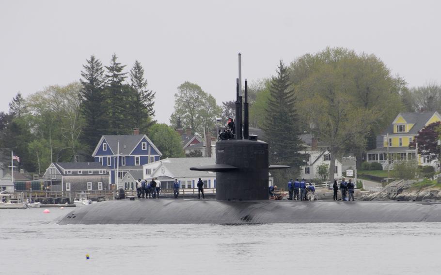 The Los Angeles-class attack submarine USS Helena departs Portsmouth Naval Shipyard after completion of extended maintenance.