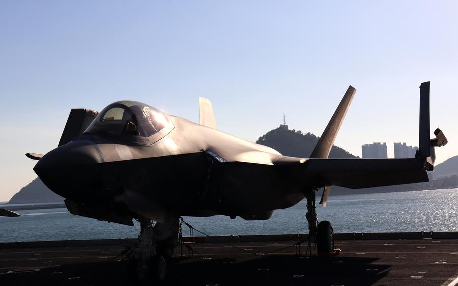 An F-35C Lightning II stealth fighter rests on the flight deck of the aircraft carrier USS Carl Vinson in Busan, South Korea, Nov. 22, 2023. 