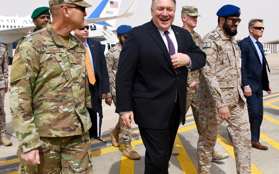 Royal Saudi Air Force’s Maj. Gen. Khaled Al-Shablan, Prince Sultan Air Base installation commander, and Chief Master Sgt. Brent Chadick, 378th Air Expeditionary Wing command chief, escort U.S. Secretary of State Mike Pompeo during a tour of Prince Sultan Air Base, Kingdom of Saudi Arabia, Feb. 20, 2020. Pompeo visited U.S. Forces and allied partners stationed at PSAB during a week-long trip to the region during which he reiterated the U.S.’s commitment to coalition partners and conducted diplomatic talks to help deter malign actors from causing instability in the region. 