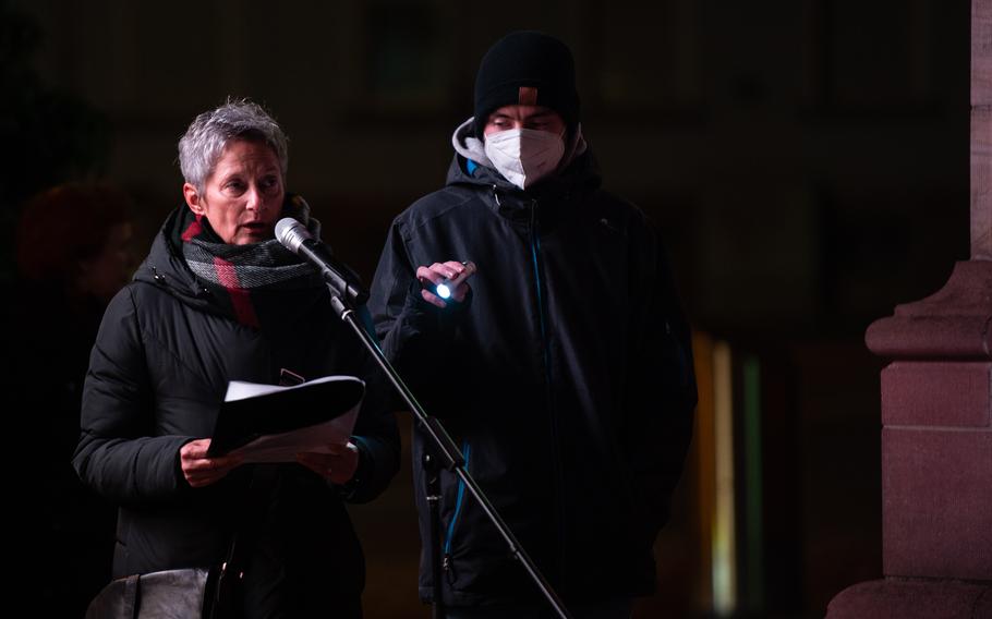 Kaiserslautern Mayor Beate Kimmel speaks during a Kristallnacht memorial at the former site of the city’s synagogue in Kaiserslautern, Germany, Nov. 9, 2021. 