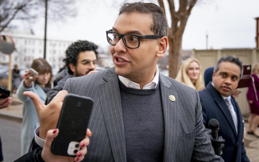 Rep. George Santos, R-N.Y., leaves a House GOP conference meeting on Capitol Hill in Washington on Jan. 25, 2023.