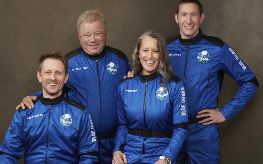 This undated photo made available by Blue Origin in October 2021 shows, from left, Chris Boshuizen, William Shatner, Audrey Powers and Glen de Vries. Their launch scheduled for Wednesday, Oct. 13, 2021 will be Blue Origin’s second passenger flight, using the same capsule and rocket that Jeff Bezos used for his own trip three months earlier.