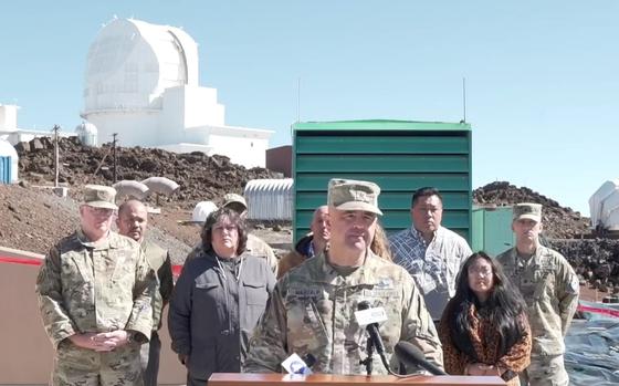 Brig. Gen. Anthony Mastalir, commander of U.S. Space Forces Indo-Pacific, speaks to reporters at the Maui Space Surveillance Complex, Hawaii, on  Feb. 6, 2023,