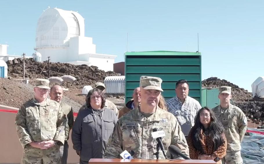 Brig. Gen. Anthony Mastalir, commander of U.S. Space Forces Indo-Pacific, speaks to reporters at the Maui Space Surveillance Complex, Hawaii, on Feb. 6, 2023.