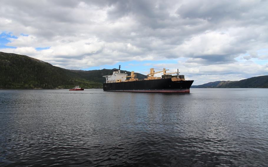 USNS 1st Lt. Baldomero Lopez pulls into the Port of Hammersodden, Norway. 