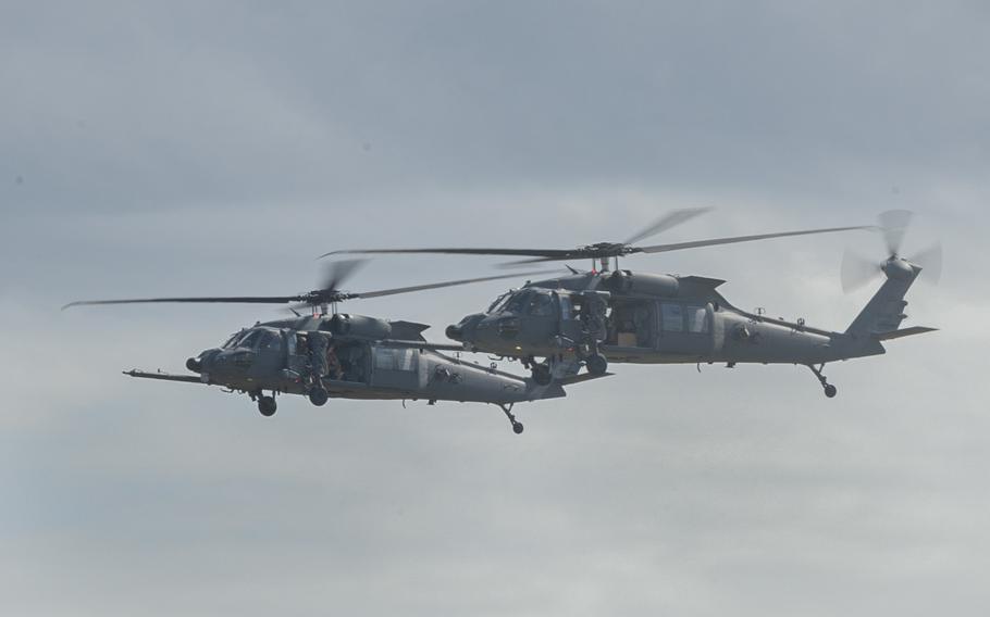 HH-60W Jolly Green IIs assigned to the 41st Rescue Squadron fly to Moody Air Force Base Nov. 6, 2020. 