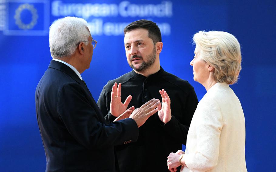 European Council President Antonio Costa and European Commission President Ursula von der Leyen greet Ukraine’s President Volodymyr Zelensky.