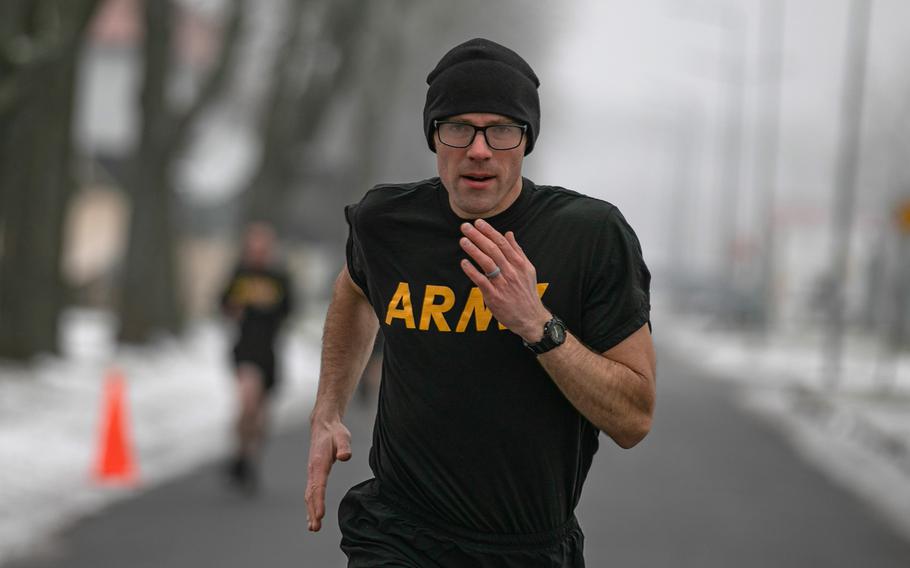 U.S. Army National Guard Spc. Micah Leis takes the basic fitness test at Bemowo Piskie Training Area, Poland, in December 2021. A “Biggest Loser”-inspired contest devised for a unit on rotation in Poland will not happen, and the unit’s chain of command is now involved, an Army spokesman said.