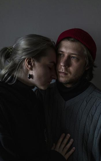 Julia Sidorchenko, an actress and singer, and Vitaliy Matukhno, an artist and art curator from Luhansk region in their new house in Lviv where they now live, on April 5, 2022. 