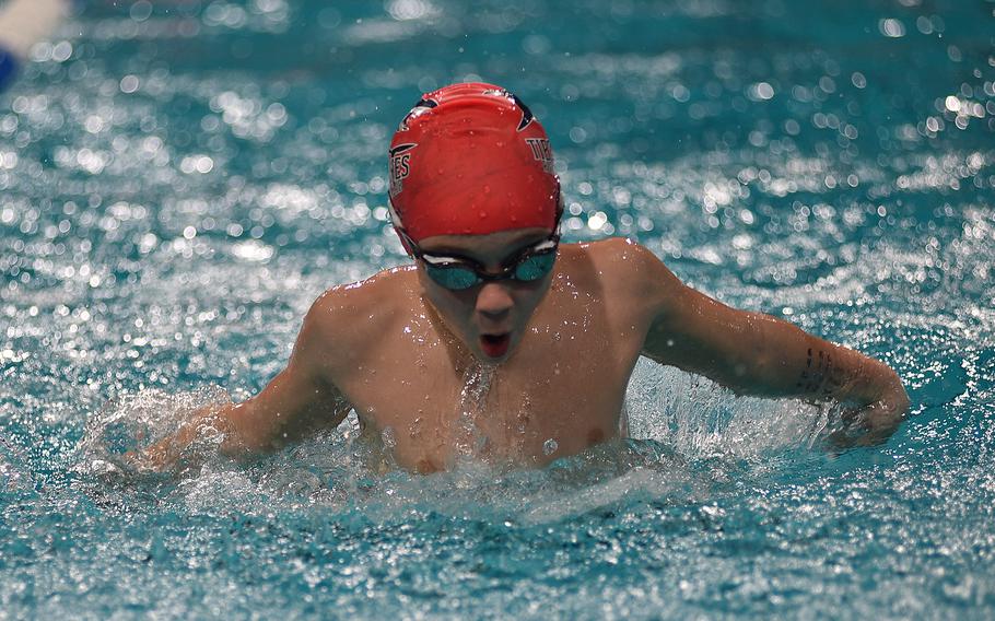Rota Tiburone Talon Harlan competes during the 9-year-old boys individual medley during the European Forces Swim League Short-Distance Championships on Feb. 10, 2024,  at the Pieter van den Hoogenband Zwemstadion at the Nationaal Zwemcentrum de Tongelreep in Eindhoven, Netherlands.