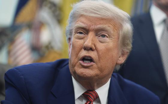 FILE - President Donald Trump speaks to reporters in the Oval Office of the White House, May 23, 2025, in Washington. (AP Photo/Evan Vucci, File)