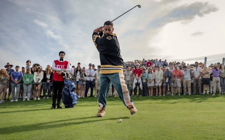 Adam Sandler swings a golf club as Happy Gilmore in the sequel while Bad Bunny, as a caddy, looks on. 