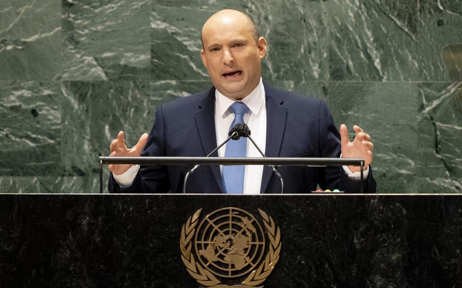 Israel's prime minister Naftali Bennett addresses the 76th Session of the United Nations General Assembly, Monday, Sept. 27, 2021, at U.N. headquarters.