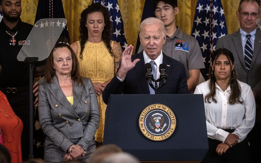 President Biden delivers remarks in the East Room of the White House. 
