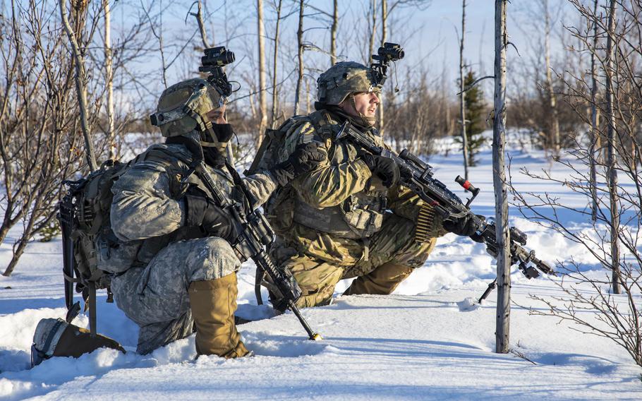 Soldiers of the 1st Brigade, 11th Airborne based at Fort Wainwright in Alaska on a training patrol.