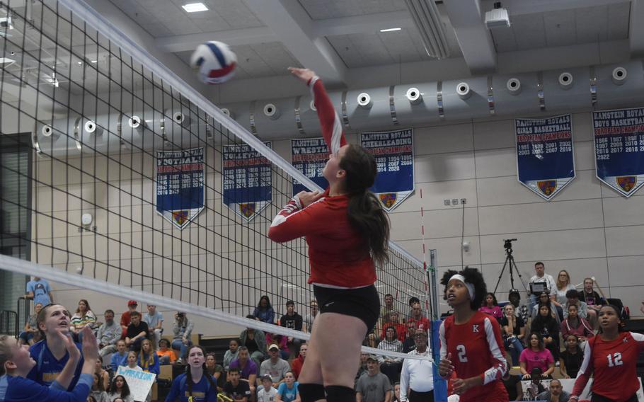 Kaiserslautern’s Sage Barnes spikes the ball during the DODEA-Europe Division I girls’ volleyball championship on Saturday, Oct. 29, 2022, at Ramstein High School in Germany. Wiesbaden won the match in four sets.