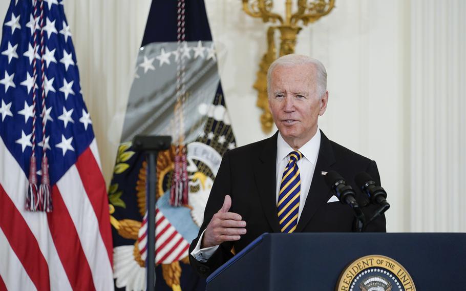 President Joe Biden speaks during the 2022 National and State Teachers of the Year event in the East Room of the White House in Washington, Wednesday, April 27, 2022.