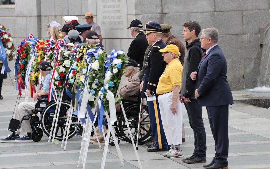 Veterans and other guests at the World War II Memorial on the National Mall in Washington, D.C., on Memorial Day, May 29, 2023.