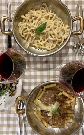 There are about eight different pasta dishes on the menu at Tufo in Naples, including cacio e pepe, top, and pasta with Genovese, a rich onion sauce with beef. 