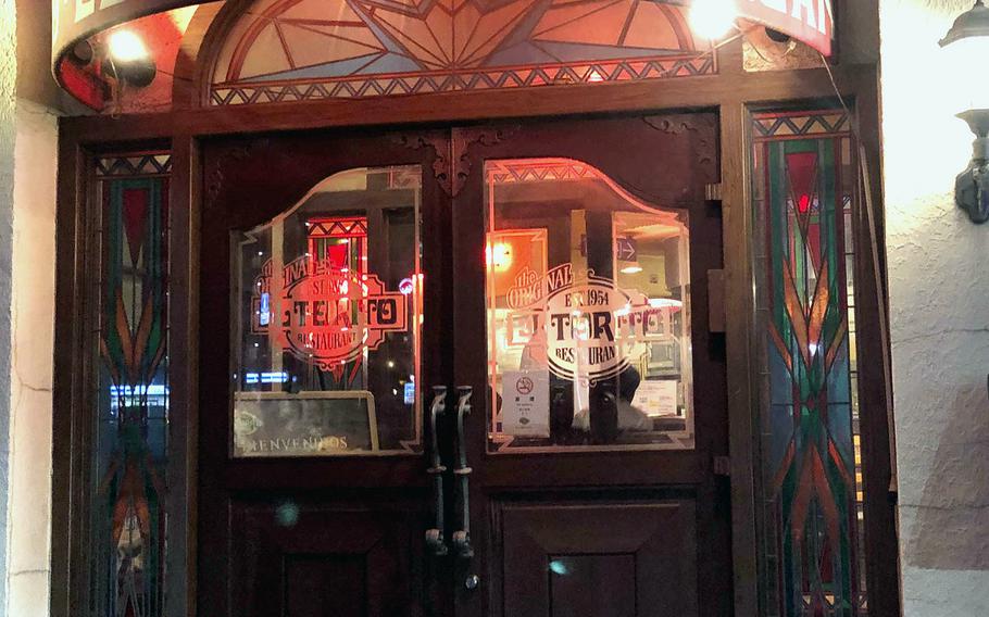 The entrance to a restaurant.