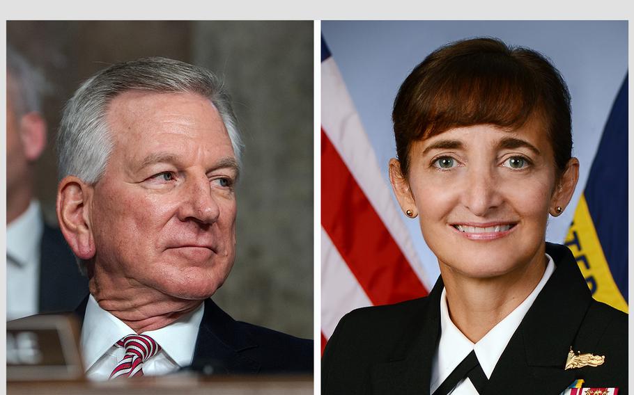 Sen. Tommy Tuberville, R-Ala., left, and Rear Adm. Yvette Davids.