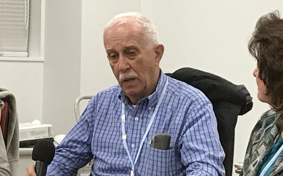 Thomas Hoskins Jr. speaks about his father's experiences in Japanese prisoner-of-war camps, during an event at Temple University, Japan Campus, in Tokyo, Tuesday, Feb. 14, 2023.