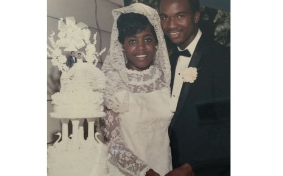 James Rollins stands with his bride, Varle Celestine Sewell, on their wedding day on July 5, 1969. Rollins, at 19, proposed to Sewell after receiving his draft notice. They married a month after his official discharge from the military in June 1969.
