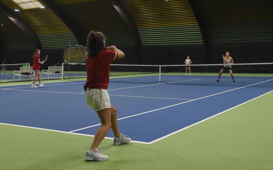 Kaiserslautern’s Alisa Dietzel returns the ball during a doubles match against Vicenza at the DODEA European tennis championships on Friday, Oct. 21, 2022, in Wiesbaden, Germany. Dietzel and teammate Abigail Hover will play in the finals against Stuttgart on Saturday.