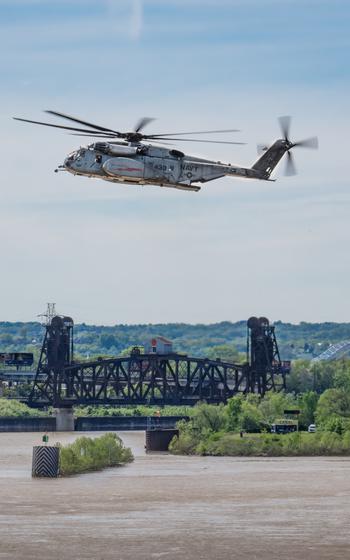 A U.S. Navy MH-53 Sea Dragon from Norfolk Naval Air Station, Va., performs an aerobatic display during the Thunder Over Louisville air show in Louisville, Ky., Saturday, April 20, 2024.