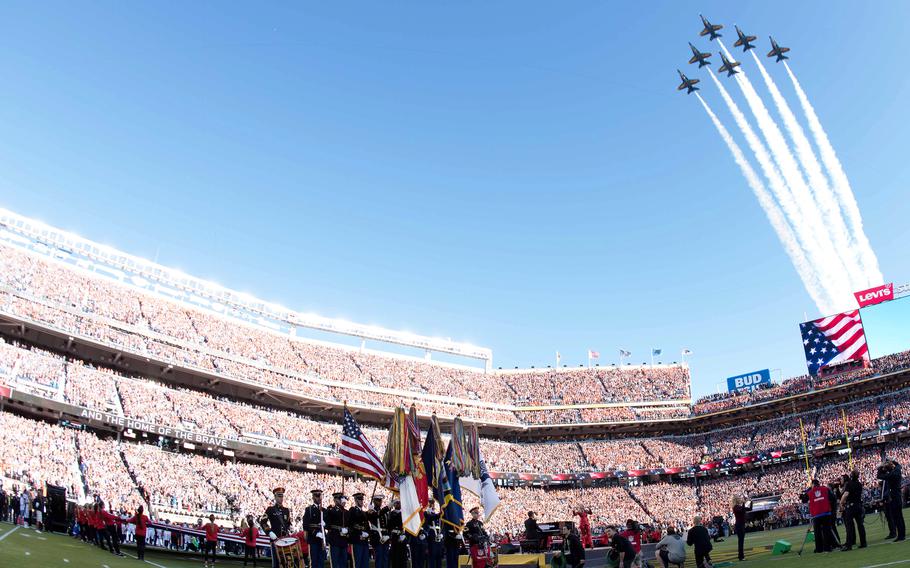 The Navy’s Blue Angels soar in formation over Levi's Stadium during Super Bowl 50 in Santa Clara, Calif., Feb. 7, 2016. 