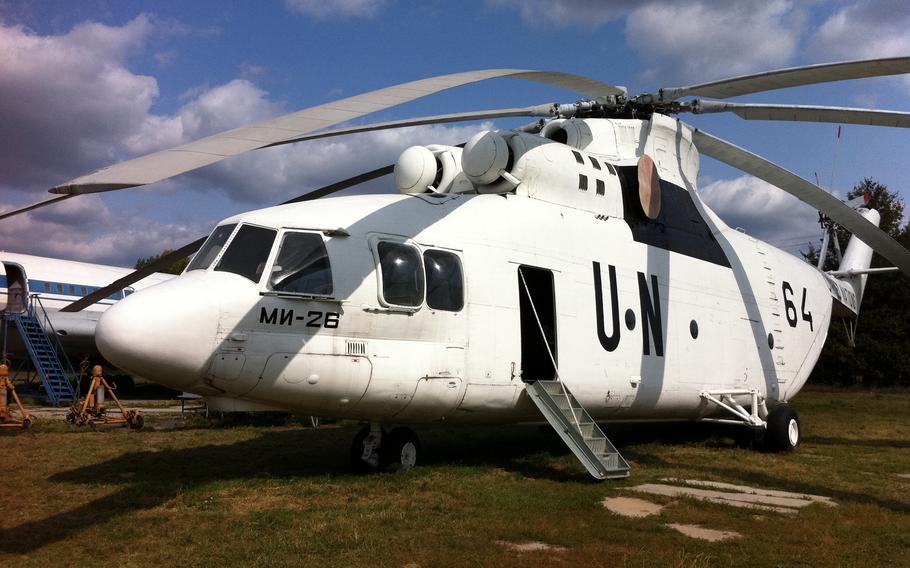 A U.N. helicopter at the Aviation museum of Zhulyany Airport, Kiev, Ukraine.