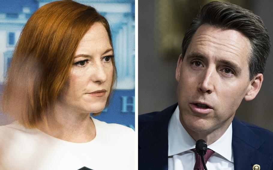 White House Press Secretary Jen Psaki and Sen. Josh Hawley, R-Mo. Asked about a letter Hawley sent to Secretary of State Anthony Blinken about U.S. interests in Ukraine, Psaki hinted that Hawley and others questioning the Biden administration’s policies on Ukraine were “parroting Russian talking points.” 