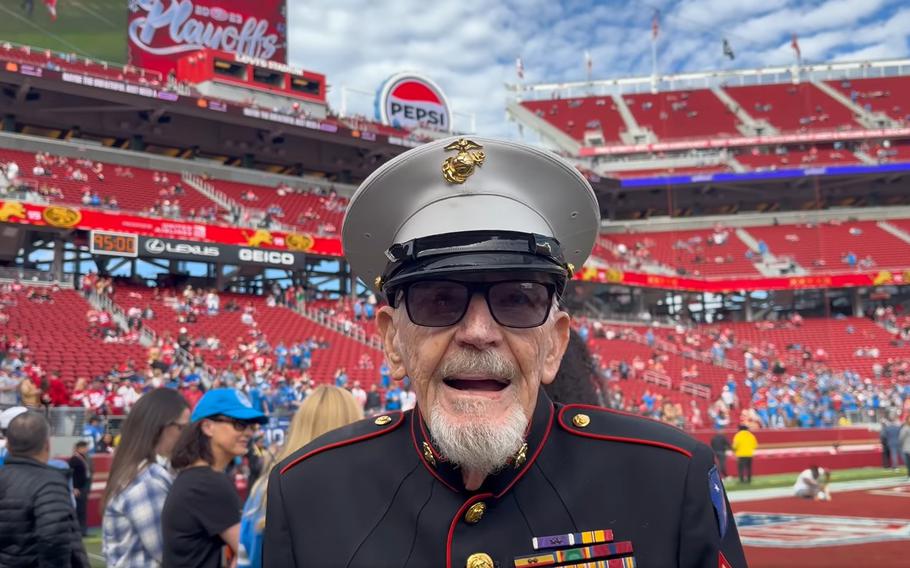 Frank Wright, a 99-year-old World War II veteran shown here in this screenshot from video, was honored by his favorite football team, the San Francisco 49ers, during the first quarter of Sunday’s National Football Conference championship game against the Detroit Lions in Santa Clara.