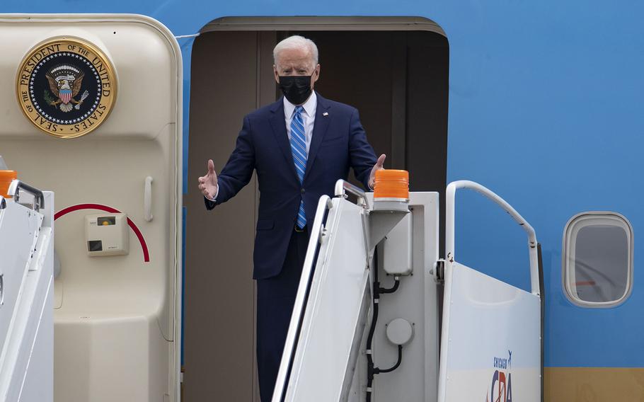 President Joe Biden arrives Oct. 7, 2021, at O’Hare International Airport aboard Air Force One for a visit to Elk Grove Village. 