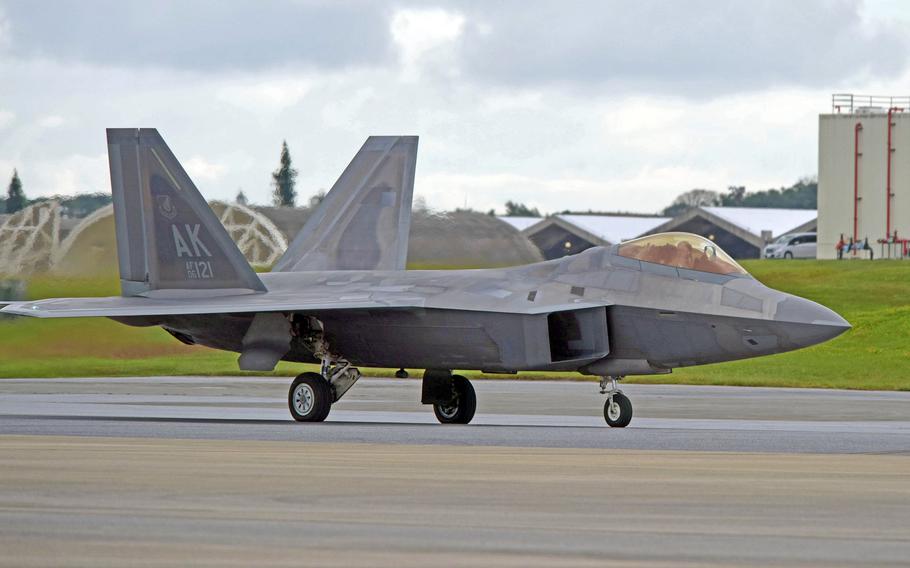 An F-22A Raptor taxis to the runway at Kadena Air Base, Okinawa, Tuesday, Nov. 22, 2022.