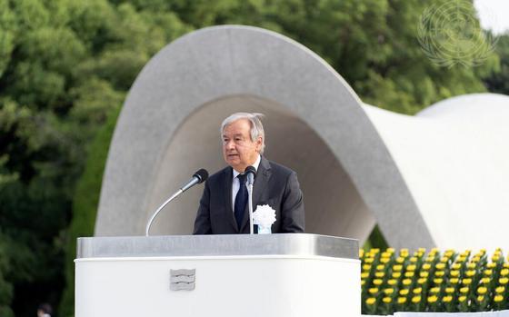 U.N. Secretary-General Antonio Guterres speaks at Peace Memorial Park on the 77th anniversary of the atomic bombing on Hiroshima, Japan, Saturday Aug. 6, 2022. 