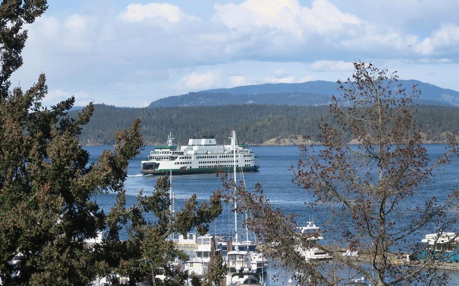 A ferry leaves the dock at Friday Harbor, San Juan Island’s main town. 