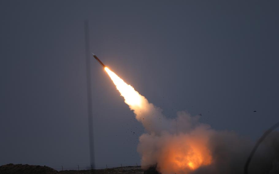 A Patriot missile is fired during an exercise on the Greek island of Crete, Nov. 23, 2020. 