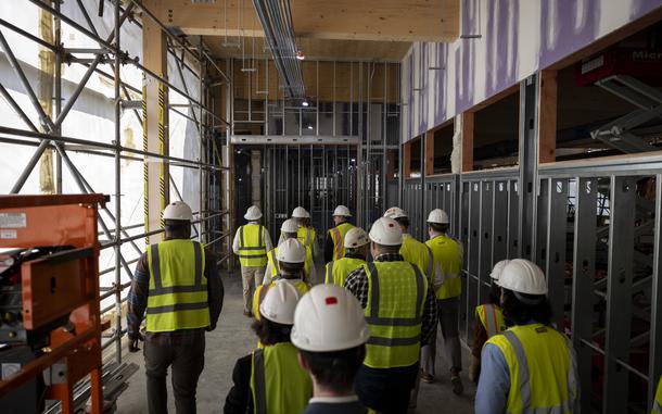 Guests were invited to a hard hat tour of the future Dominion Energy Coastal Virginia offshore wind operations and maintenance base in Norfolk, Virginia, on March 19, 2025. (Billy Schuerman / The Virginian-Pilot)