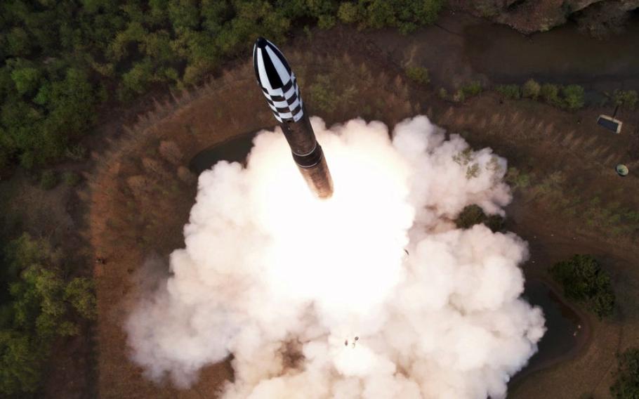 North Korea launches a solid-fueled Hwasong-18 intercontinental ballistic missile on April 13, 2023, according to this image from the state-run Korean Central News Agency.