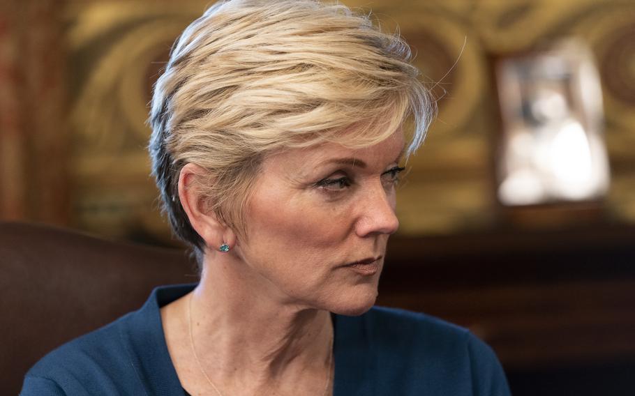 Energy Secretary Jennifer Granholm attends the inaugural meeting of the Task Force on Worker Organizing and Empowerment, in Vice President Kamala Harris' ceremonial office, Thursday, May 13, 2021, on the White House complex in Washington.