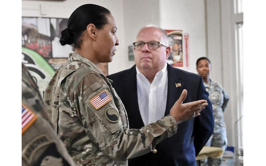 Retired Maj. Gen. Linda L. Singh is the former adjutant general of the Maryland National Guard . She wore the 29th Infantry Division patch in 2018 while speaking with Gov. Larry Hogan at Aberdeen Proving Ground.