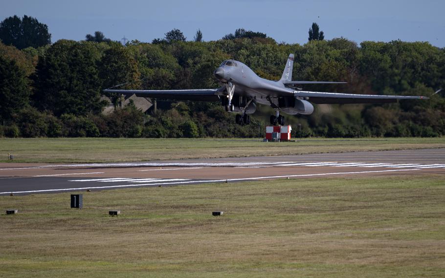 A B-1B Lancer assigned to the 9th Expeditionary Bomb Squadron lands at RAF Fairford, England, Oct. 6, 2021. The B-1, is a multi-role, strategic bomber and carries the largest payload of both guided and unguided conventional weapons in the U.S. Air Force’s inventory. 