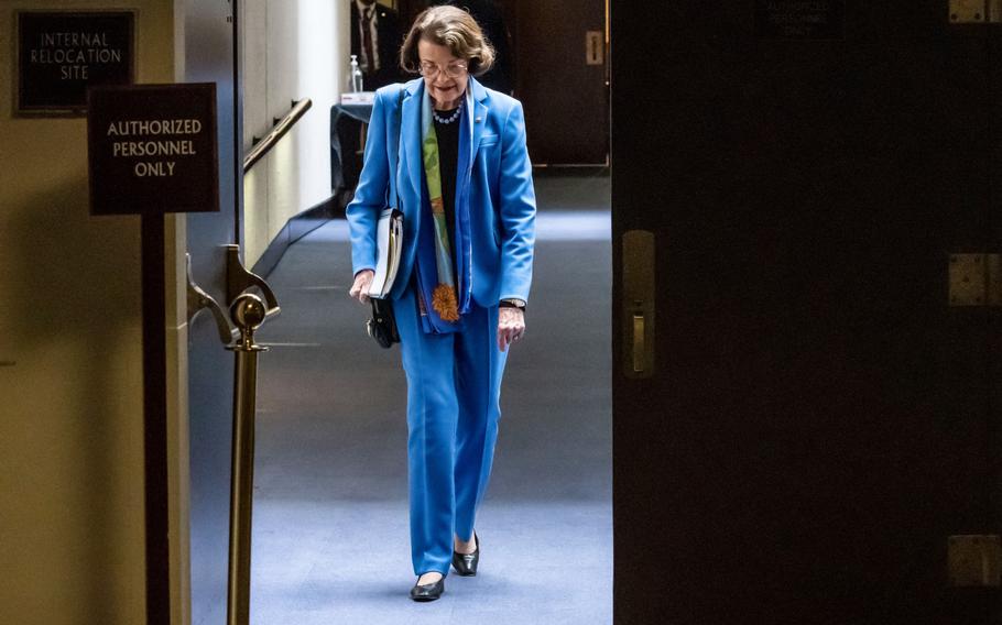 Sen. Dianne Feinstein leaves a committee hearing on Capitol Hill on Wednesday, April 14, 2021, in Washington.